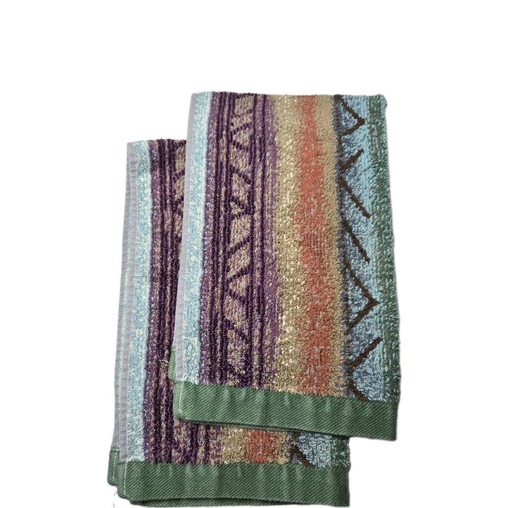 Vintage Set Of 2 Creative Bath Cotton Terry Cloth Hand Towels Geo Print Green